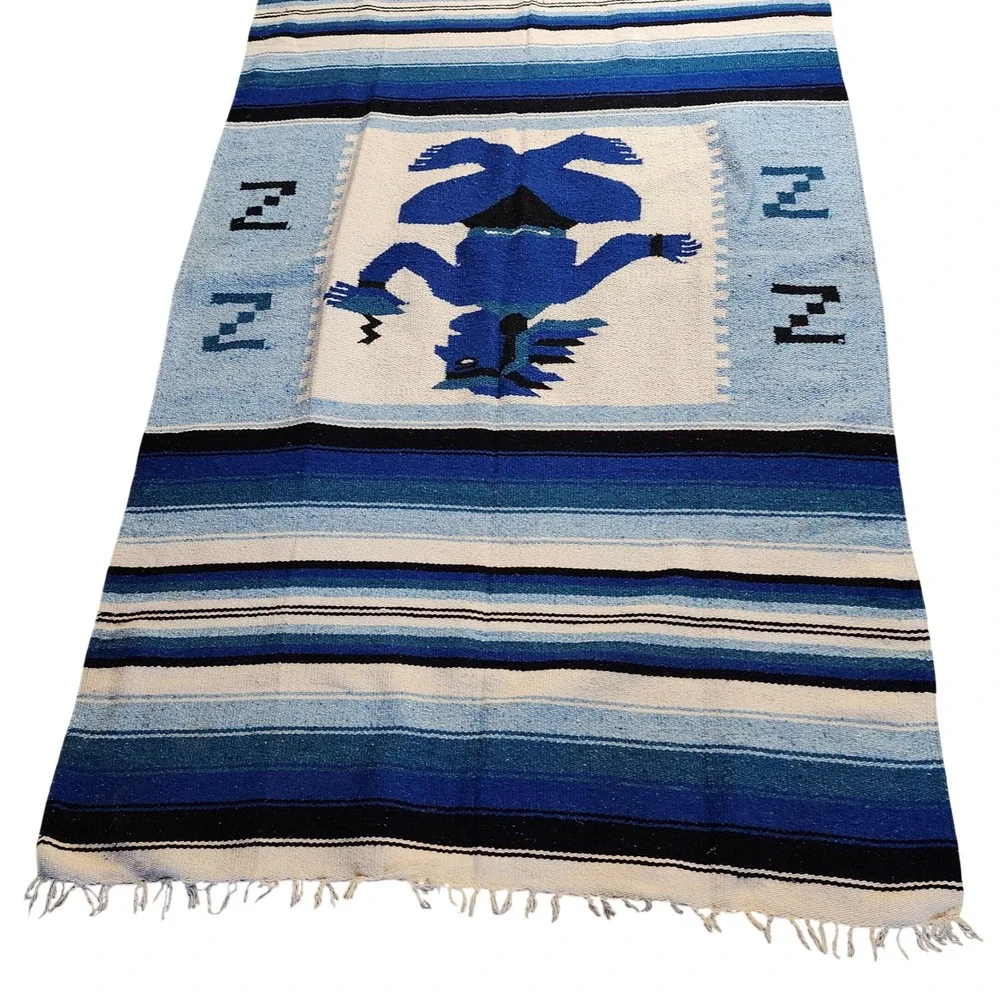 Vtg Hand Woven Mexican Aztec wool‎ blanket throw tapestry with fringe 82×48